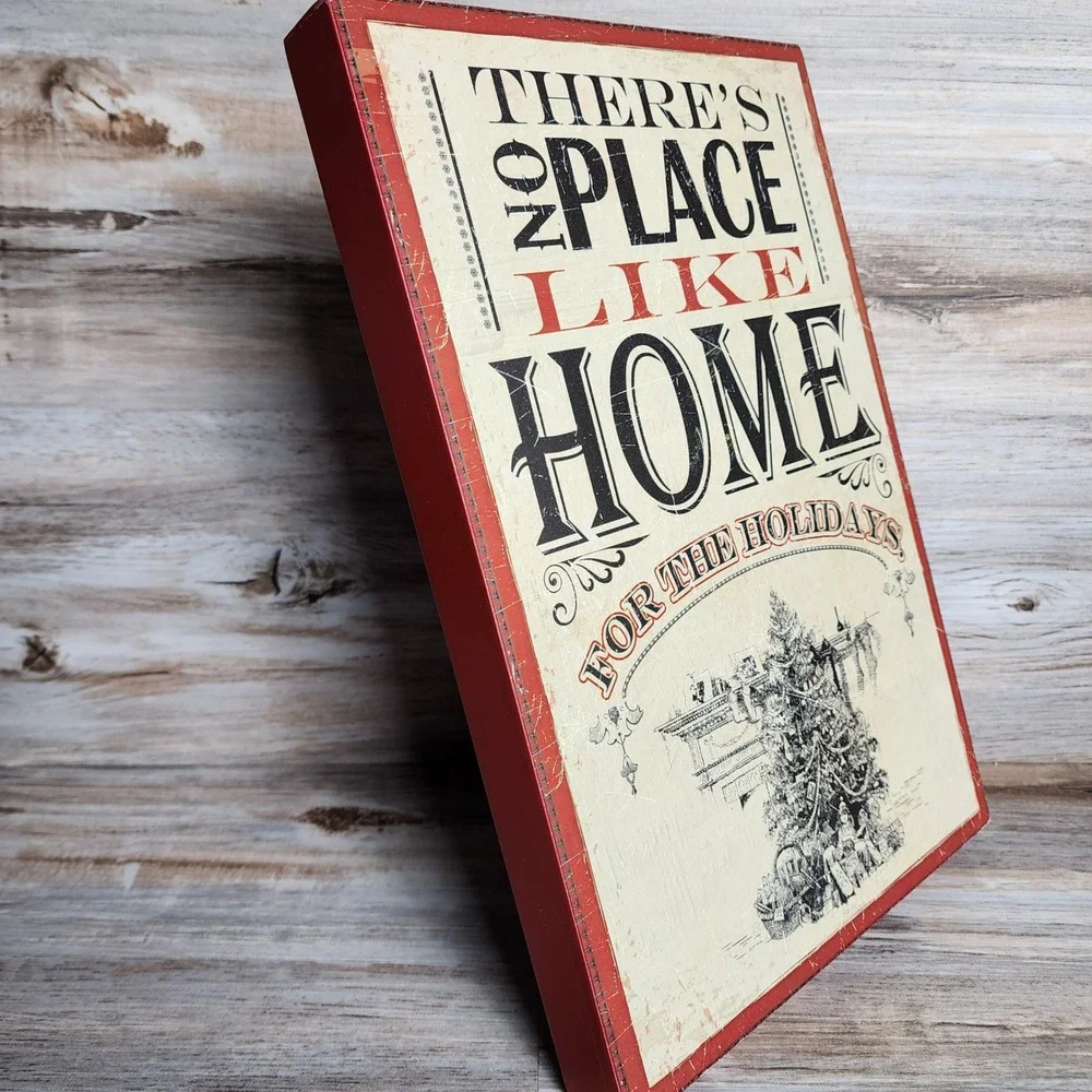 Vintage Style Christmas Wood Box Sign Home For The Holidays Wall Decor Red Cream